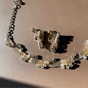 Vintage gold mesh and rhinestone necklaces and earrings set
